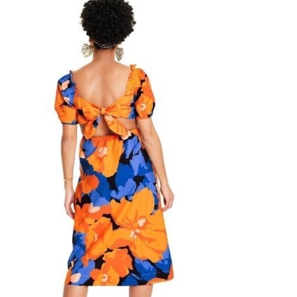 TABITHA Brown Target Puff Sleeve Tie Back Floral Midi Dress Blue Orange NWT - Picture 2 of 10
